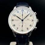 IWC Chronograph Portuguese Silver Dial Blue hands Leather Strap 2013 Full Set