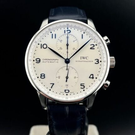 IWC Chronograph Portuguese Silver Dial Blue hands Leather Strap 2013 Full Set