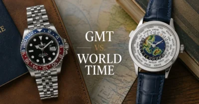 Luxury GMT watch and World Time watch side-by-side comparison showing the differences in tracking multiple time zones for travelers and collectors.