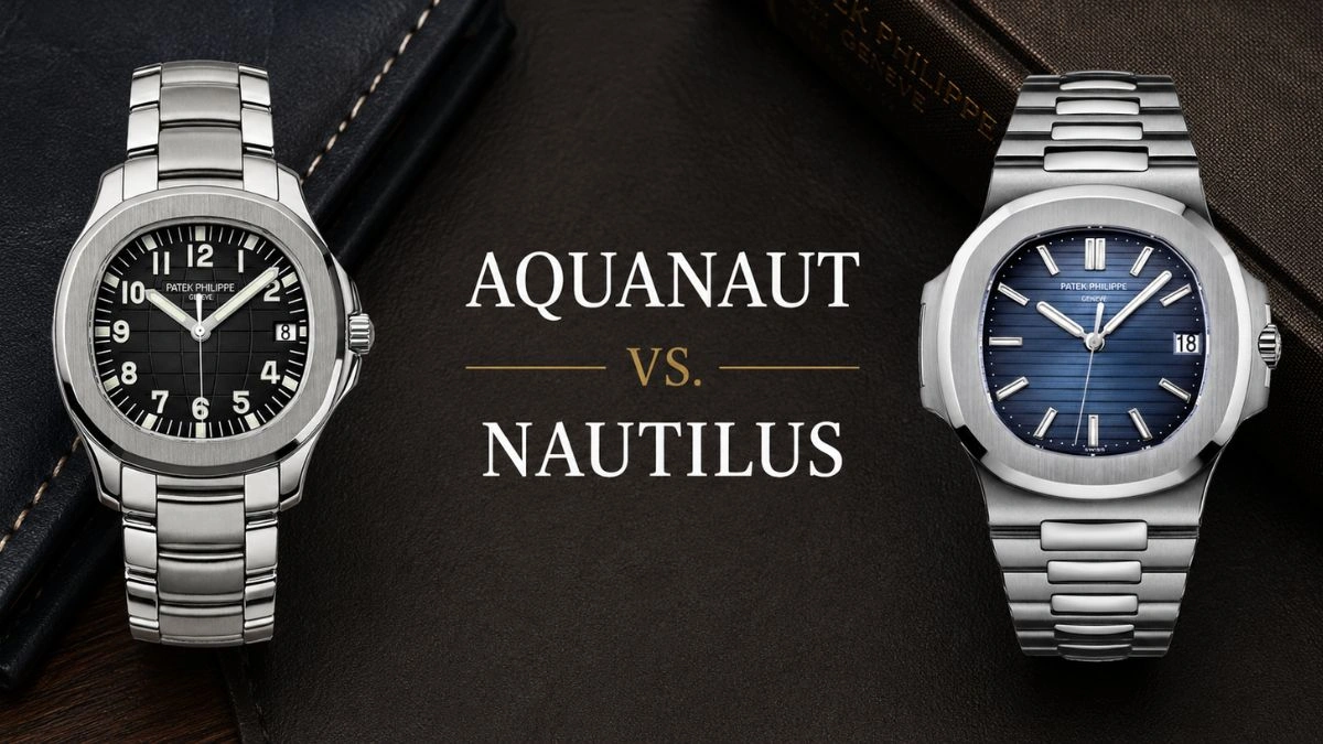Patek Philippe Aquanaut and Nautilus side-by-side comparison showcasing two iconic luxury sports watches with differences in design, heritage, and collector appeal.
